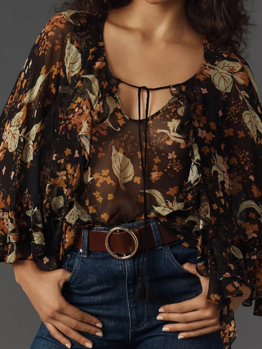 NWT Plenty by Tracy Reese Sheer Printed Blouse | L | Black floral print